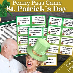 May include: A green and gold St. Patrick's Day themed game with 12 cards. Each card has a different challenge or question to answer. The cards are decorated with shamrocks, leprechauns, and other St. Patrick's Day imagery. The game is designed to be played with pennies.