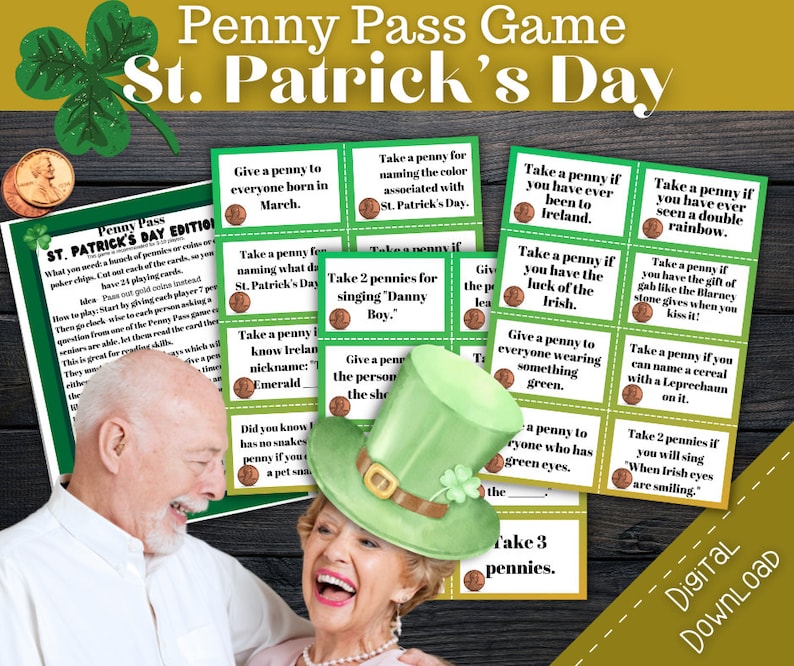 May include: A green and gold St. Patrick's Day themed game with 12 cards. Each card has a different challenge or question to answer. The cards are decorated with shamrocks, leprechauns, and other St. Patrick's Day imagery. The game is designed to be played with pennies.
