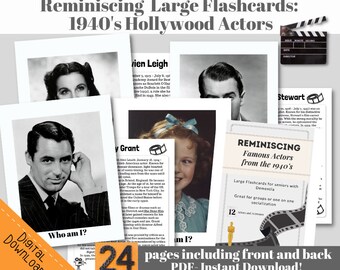 May include: A set of 24 large flashcards featuring black and white photos of famous actors from the 1940s. The flashcards are designed for seniors with dementia and are great for socialization. The text on the cover reads "Reminiscing Famous Actors from the 1940's Large Flashcards for seniors with Dementia Great for groups or one on one socialization 12 actors and actresses".