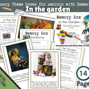 May include: A printable resource for memory boxes for seniors with dementia. The resource is themed around gardening and includes images of vegetables, gardening tools, and jars of preserved vegetables. The text on the page reads "Memory Box In the Garden" and "14 Pages!"