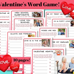 May include: A printable Valentine's Day word game with 10 pages featuring couples of different ages. Each page has a different Valentine's Day themed phrase and a grid for writing down words that can be made from the letters in the phrase.
