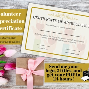 Volunteer Appreciation Certificate, Customizable Volunteer Certificate, Downloadable Volunteer Certificate