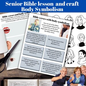 Peut inclure: Une leçon biblique et une activité manuelle imprimables pour les personnes âgées. L'activité se concentre sur le symbolisme du corps dans la Bible. L'image montre une page avec des versets bibliques et des parties du corps, et une autre page avec des illustrations en noir et blanc de visages de personnes. Le texte sur la page dit "Senior Bible lesson and craft Body Symbolism".