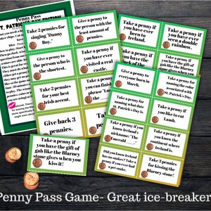 May include: A green and yellow game card set with the text "Penny Pass Game - Great ice-breaker!" and instructions for a game using pennies. The cards have various prompts for players to take or give pennies based on different scenarios.