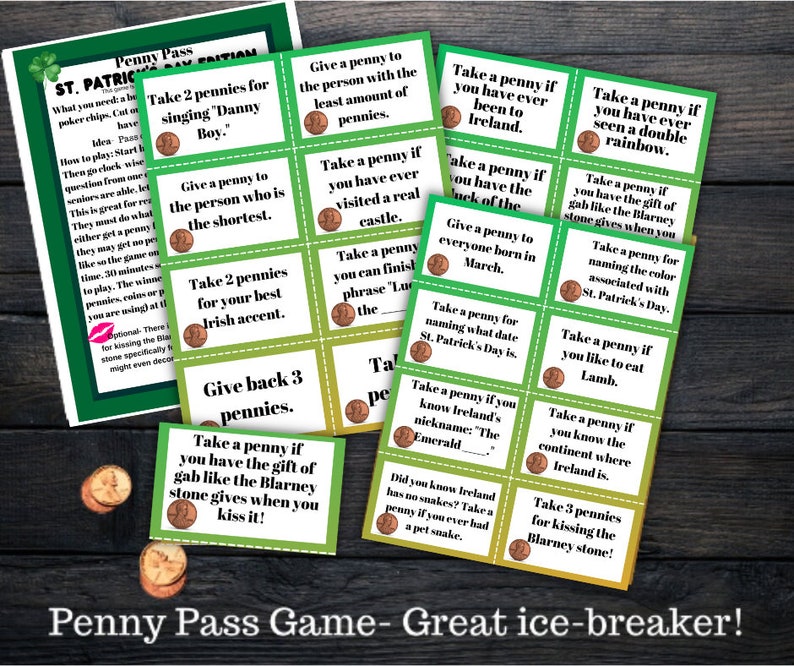 May include: A green and yellow game card set with the text "Penny Pass Game - Great ice-breaker!" and instructions for a game using pennies. The cards have various prompts for players to take or give pennies based on different scenarios.