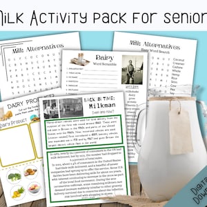 May include: A printable activity pack for seniors with a milk theme. The pack includes word searches, word scrambles, and a dairy product matching game. The pack also includes a history of milk delivery and the milkman.