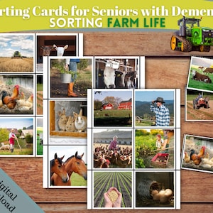 Puede incluir: Un juego de cartas de clasificación con imágenes de la vida en la granja, que incluyen un tractor, vacas, pollos, un gallo, un granero, un granjero, un campo de maíz, una cesta de huevos y un caballo. Las cartas están diseñadas para personas mayores con demencia.