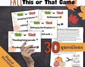 Puede incluir: Un juego Fall This or That que incluye varias tarjetas blancas con texto en negro, iconos coloridos de temática otoñal como calabazas y hojas, y una hoja de instrucciones. Las tarjetas presentan opciones como Jumping in leaves o raking leaves, Halloween, y Thanksgiving parade o football.
