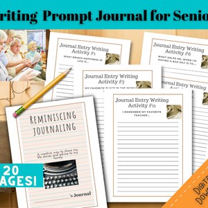 May include: A printable journal for seniors with 20 pages of writing prompts. The cover features a typewriter and the text "Reminiscing Journaling". The journal is designed to help seniors reflect on their lives and share their stories.