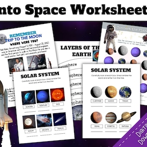 May include: A set of printable space-themed worksheets for kids. The worksheets feature images of planets, astronauts, and the moon. The worksheets include activities such as connecting the planets, unscrambling words, and writing on the lines. The worksheets are labeled "Into Space Worksheets".