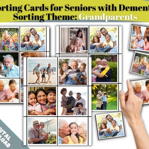 May include: A set of printable sorting cards featuring photos of grandparents with their grandchildren. The cards are designed for seniors with dementia and feature a variety of images, including grandparents holding their grandchildren, grandparents playing with their grandchildren, and grandparents hugging their grandchildren. The cards are labelled "Sorting Cards for Seniors with Dementia" and "Sorting Theme: Grandparents".