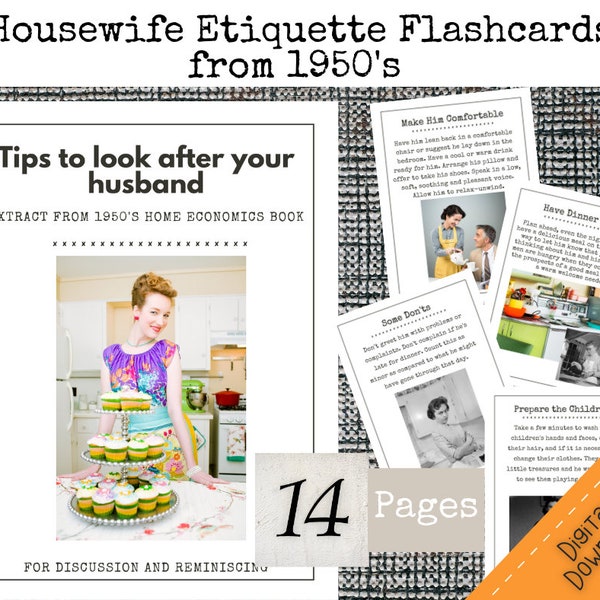 Housewife Routine Flashcards, Vintage Housewife, 1950's Housewife, Housewife Etiquette, Senior Flashcards, Mother's Day Flashcards