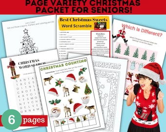 May include: A set of six printable Christmas activity pages for seniors. The pages include a word search, a word scramble, a counting activity, a colouring page, and a 'which is different' activity. The pages are designed to be fun and engaging for seniors.