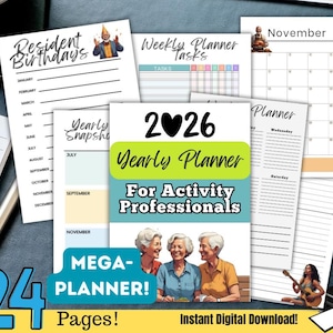 May include: A collection of printable planner pages, including a yearly planner for 2026, weekly task lists, and monthly calendars. The design features a teal, green, and yellow color scheme with the text "For Activity Professionals". The image also includes the text "24 Pages!" and "Instant Digital Download!"