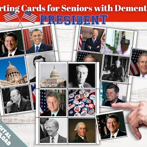 May include: A set of sorting cards featuring images of past U.S. presidents. The cards are designed for seniors with dementia and feature a variety of presidents, including George Washington, Abraham Lincoln, and Ronald Reagan. The cards are labeled "PRESIDENT" and are a fun and engaging way to help seniors with dementia improve their cognitive skills.