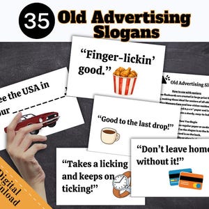 May include: A set of 35 Old Advertising Slogans flashcards featuring text and illustrations including a bucket of fried chicken, a red car, a coffee cup, a wristwatch, and credit cards, with an instruction sheet for seniors.
