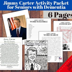 Pacchetto di attività Jimmy Carter per anziani con demenza / Scheda di lavoro stampabile del presidente / Ricerca di parole, scramble di parole e pagine da colorare