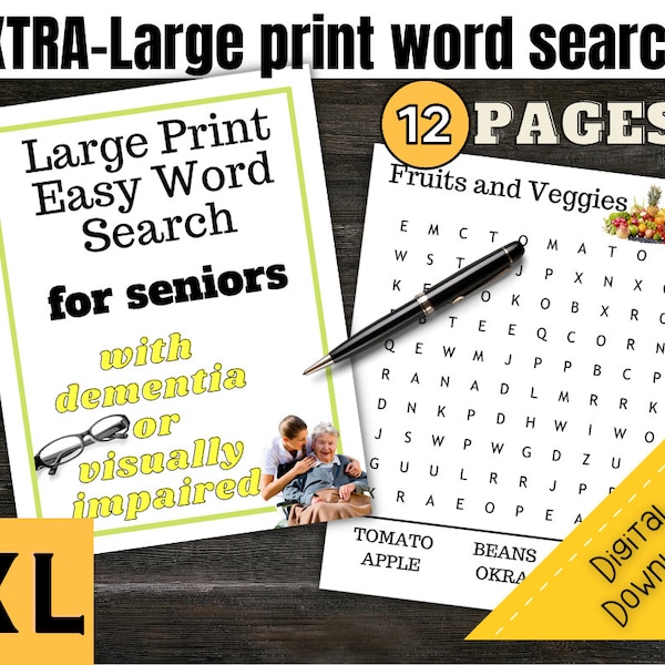 Large Print Word Search Puzzles, Word Search Puzzle for Seniors with Dementia, Puzzles for Visually Impaired