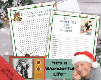 May include: A printable set of two "It's a Wonderful Life" themed Christmas games. The first game is a word search puzzle with the title "It's a Wonderful Life word search". The second game is a word scramble puzzle with the title "It's a Wonderful Life word scramble".