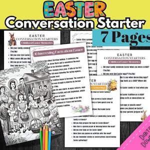 May include: Black and white printable conversation starter pages for Easter. The pages include questions about childhood Easter memories and interesting facts about Easter. The text "7 Pages!" is in a colorful font.