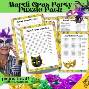 May include: A Mardi Gras Party Puzzle Pack featuring seven pages of printable activities. The collection includes word searches and crosswords decorated with yellow, green, and purple diamond patterns, alongside images of masquerade masks.