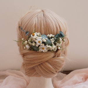 Preserved eucalyptus daisy dried flower mixed bridal hair accessories Bohemian wedding hair accessories White+Cream Dry Flower Hair Comb