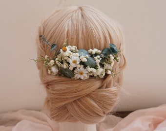 Preserved eucalyptus daisy dried flower mixed bridal hair accessories Bohemian wedding hair accessories White+Cream Dry Flower Hair Comb
