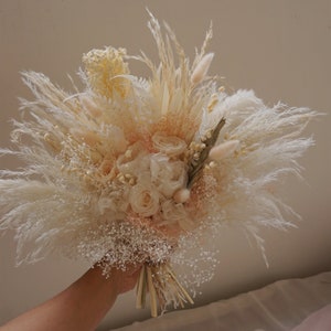 Boho Ivory Blush Pampas Palm Leaves Peony Roses Bouquet Accents Wedding Bridal Bouquet Ivory Wedding Bouquet Dusty Bridesmaid Bouquet