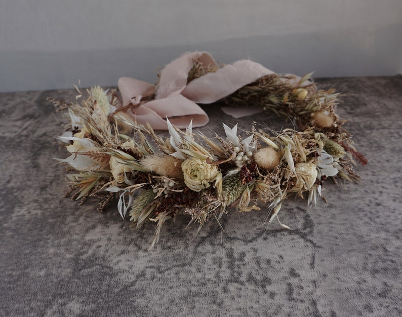 Latte with soft neutral coloured Dried Flower Crown Bohemian Wedding Headband image 3