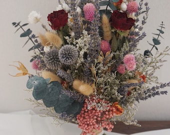 Dried Lavender  Globe Thistles with Silk Greenery Bouquet / Dried Eucalyptus & Wildflower Bridal Bouquet/ Boho Bride Spring Flowers