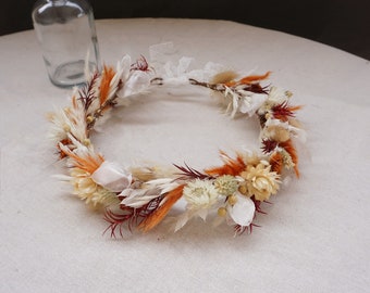 Couronne de fleurs sèches de la pampa orange brûlé, couronne de mariée crème, chapeaux de mariage bohème