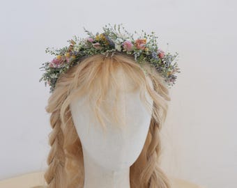 Pink Rose Dried wildflower Bridal Crown Lavender Dried Flower Wedding Rustic Boho Brides Bridesmaid bouquet