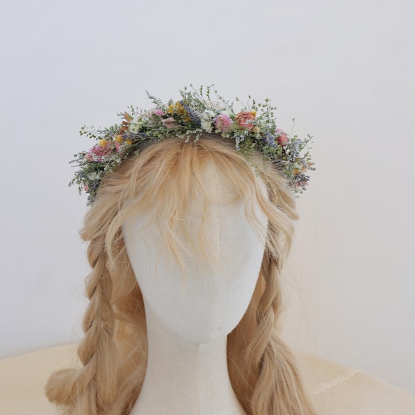 Corona nuziale con fiori di campo secchi di rosa rosa, lavanda, fiori secchi, matrimonio rustico, boho, spose, bouquet da damigella d'onore