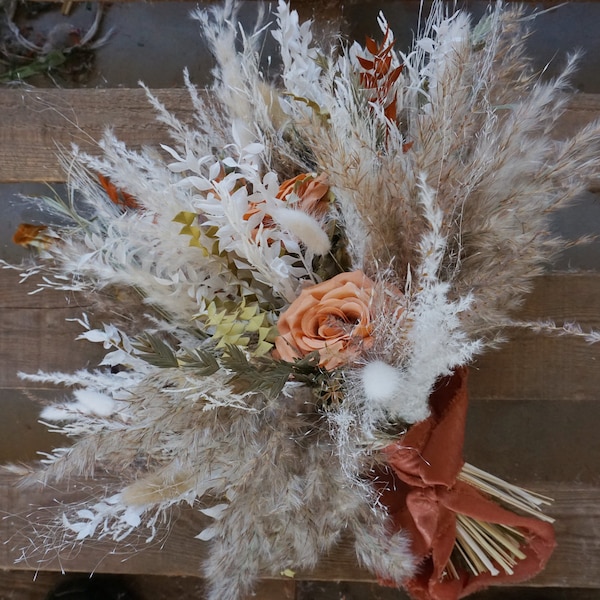 Wedding Bridal Bouquet with sola wood flower by Evergreen Bride Ivory Rust Terracotta Dried Preserved Pampas Boho