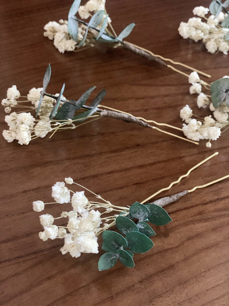 Schleierkraut mit Blatt Eukalyptus Haarnadel Braut Haarnadeln Blumen Braut Blumenmädchen Brautjungfer Haarschmuck Bild 2