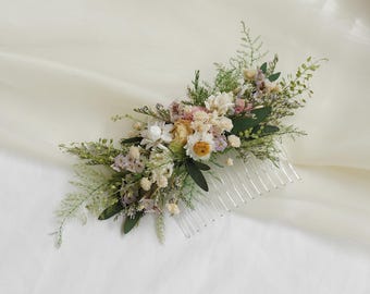 Green Dried Flowers Hair Comb Bridal/Dried Wildflowers Hair Comb/Boho Rustic Flower Comb Wedding/Dry Flower Hair Comb