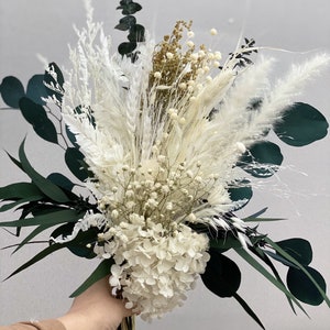 Neutral, White and Green Dried & Preserved Flower Bouquet, Rose, Eucalyptus, Bridal, Occasion, Wedding