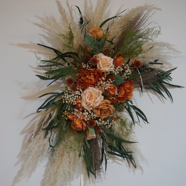 Artificial Flower Champagne/Rust colored/Eucalyptus Roses Wedding Swag, Sweet Heart Table Dried Floral,  Boho Wedding Decor