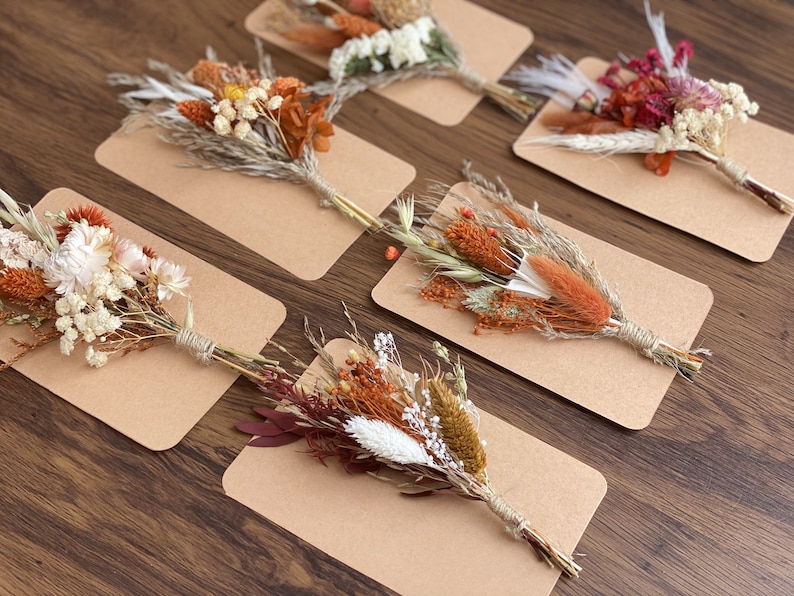 Rust, Terracotta Set Mini Dried Flower Bouquets with Card Small Bottle Arrangements Table Decorations Letter Box Gifts image 2