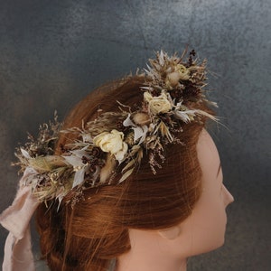 Latte with soft neutral coloured Dried Flower Crown Bohemian Wedding Headband image 2