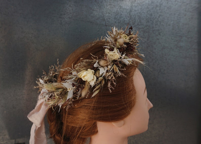 Latte with soft neutral coloured Dried Flower Crown Bohemian Wedding Headband image 2