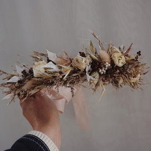 Latte with soft neutral coloured Dried Flower Crown Bohemian Wedding Headband image 1