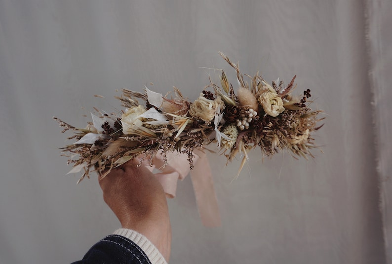 Latte with soft neutral coloured Dried Flower Crown Bohemian Wedding Headband image 1