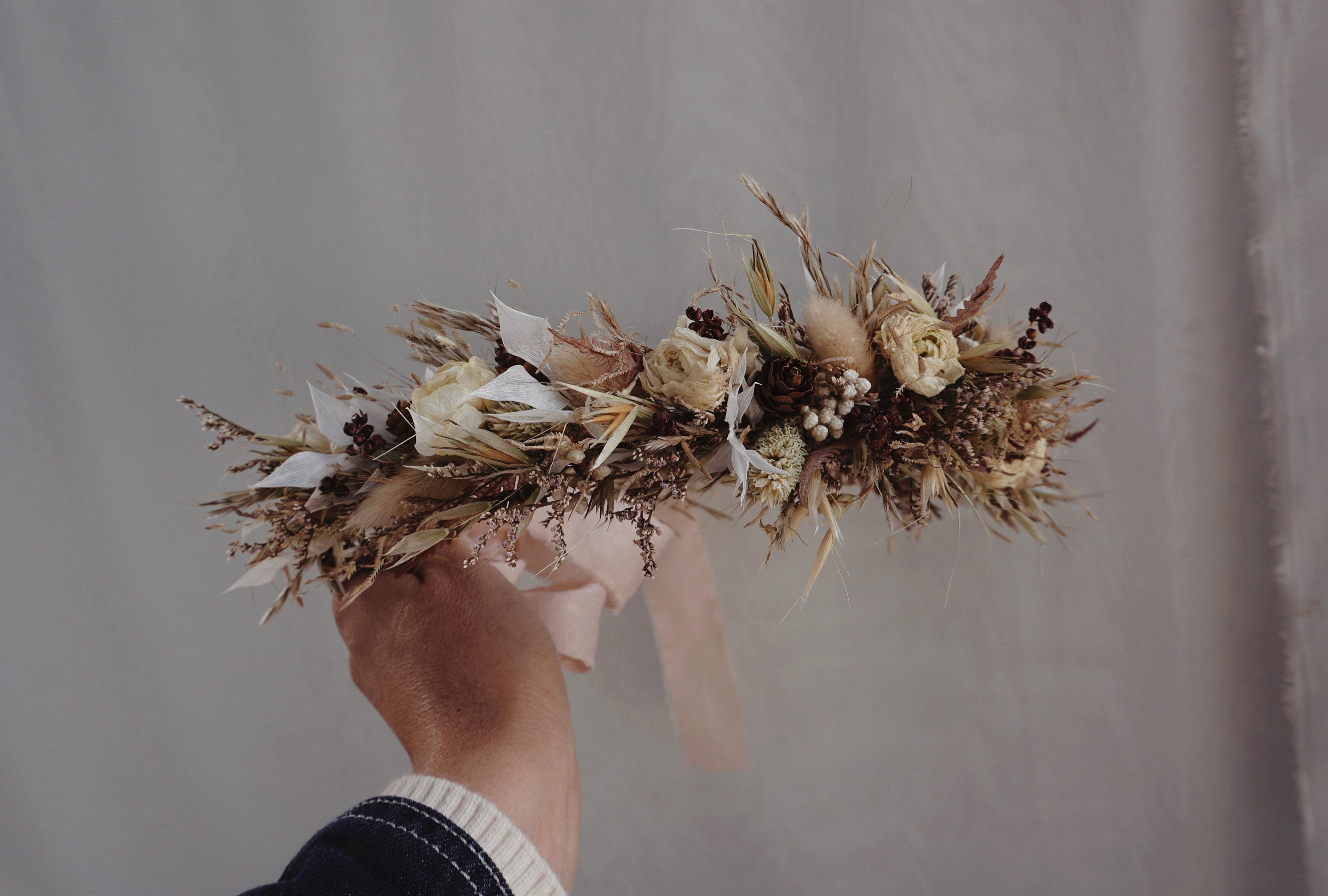 Latte with soft neutral coloured Dried Flower Crown Bohemian Wedding Headband