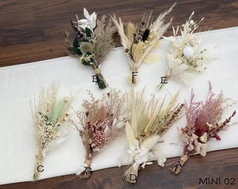 Mini ramo de flores secas / arreglo de botella de leche pequeña / decoración de mesa / regalo de buzón / pampas / Boutonniere / flores de pastel BOHO