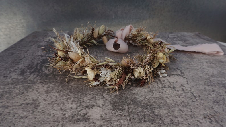Latte with soft neutral coloured Dried Flower Crown Bohemian Wedding Headband image 7