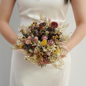 Wildflower Dried Flower Bridal Bouquet, Rural Wedding Dried Flower Bouquet, Dried Rose Lavender Leaf Wedding Bouquet