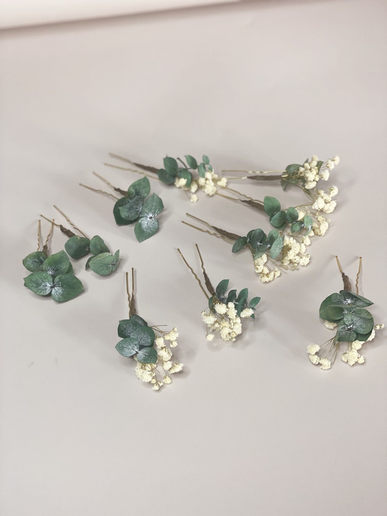 Épingle à cheveux gypsophile avec feuille d'eucalyptus Épingles à cheveux de mariée eucalyptus Accessoires pour cheveux de demoiselle d'honneur pour demoiselle d'honneur image 6