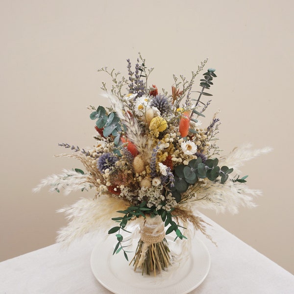 Neutral + Blue thistle tone & Eucalyptus Greenery bouquet for Wedding Bride and Bridesmaid bouquet Wildflowers Grass Dried bouquet