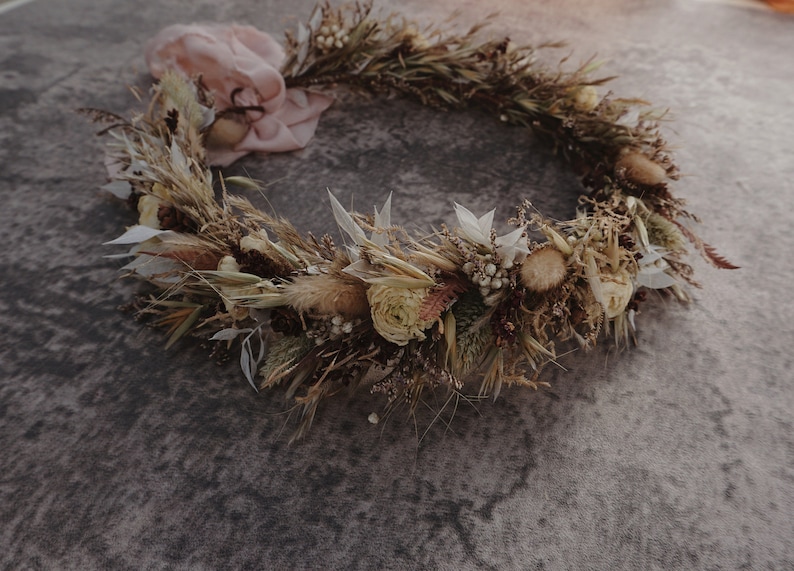 Latte with soft neutral coloured Dried Flower Crown Bohemian Wedding Headband image 8